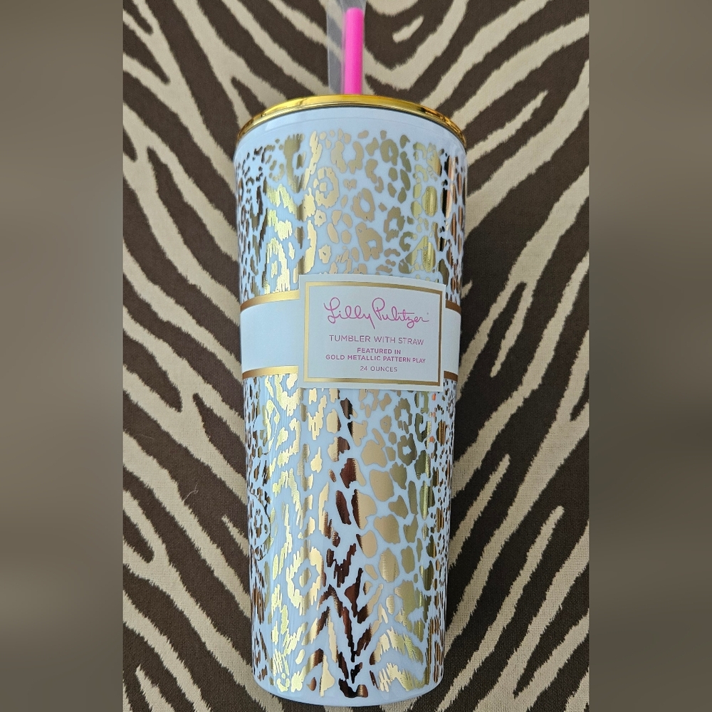 Lilly Pulitzer Tumbler With Straw in Gold Metallic Pattern Play NWT